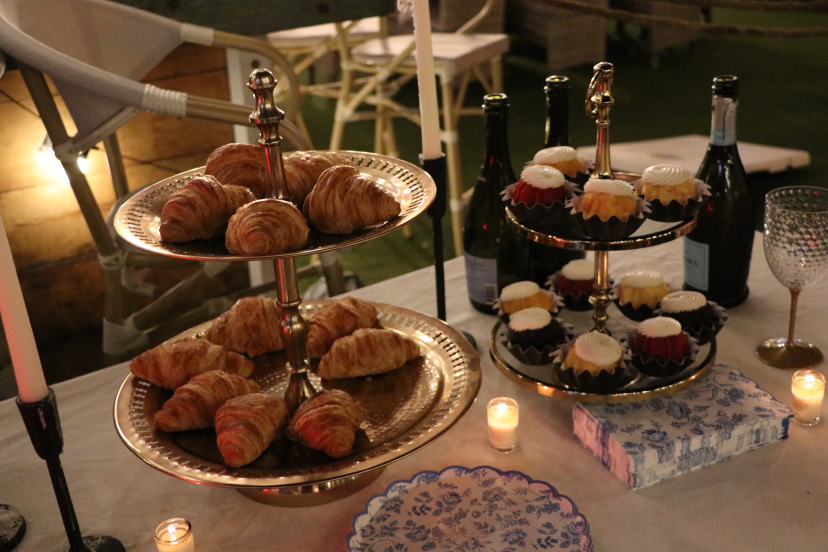 Pastry and dessert stands set for a celebration at LUMA